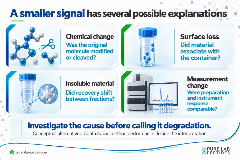 Possible explanations for a lower peptide signal include chemical change, surface loss, insoluble material and measurement effects.